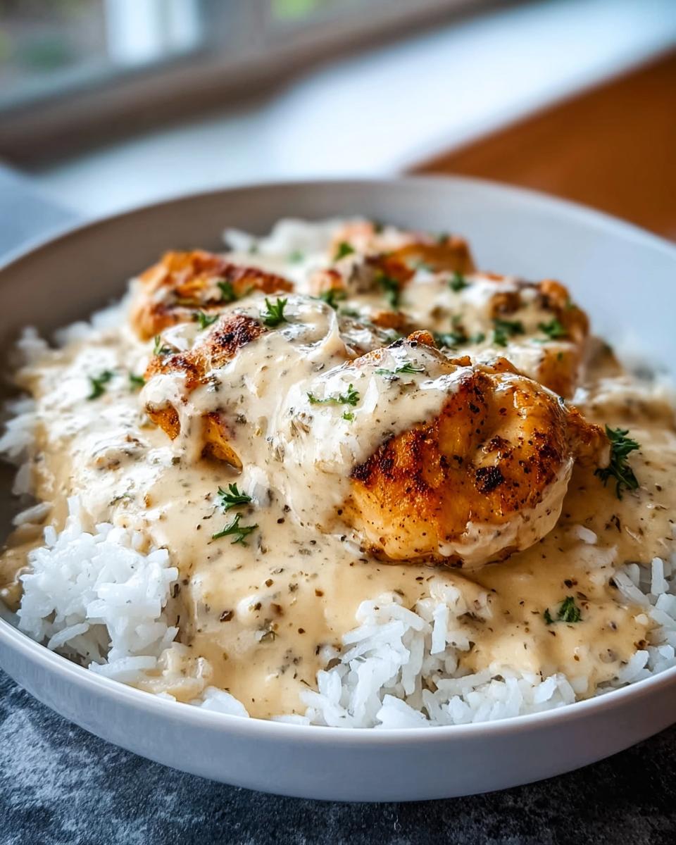 Close-up of perfectly seared Creamy Smothered Chicken and Rice topped with a rich, herb-flecked sauce.