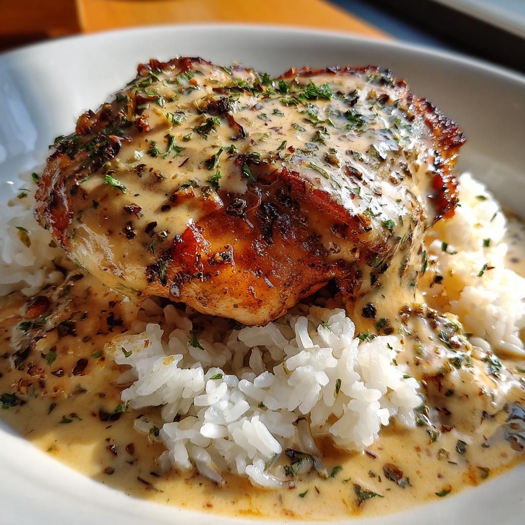 A perfectly cooked piece of chicken smothered in creamy sauce served over white rice for a quick chicken dinner.