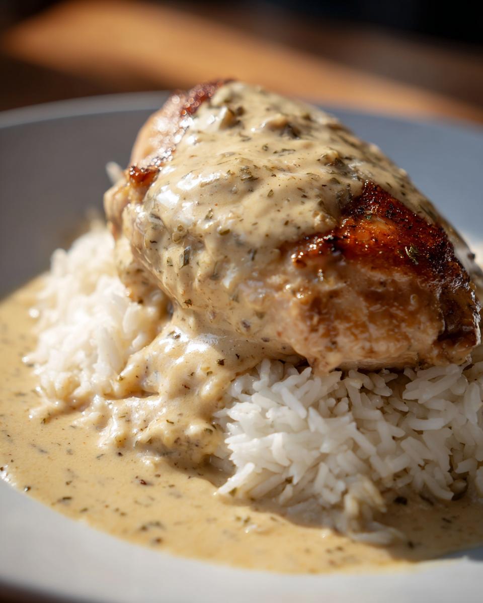 Close-up of a perfectly cooked chicken breast smothered in creamy sauce served over white rice for a quick chicken dinner.