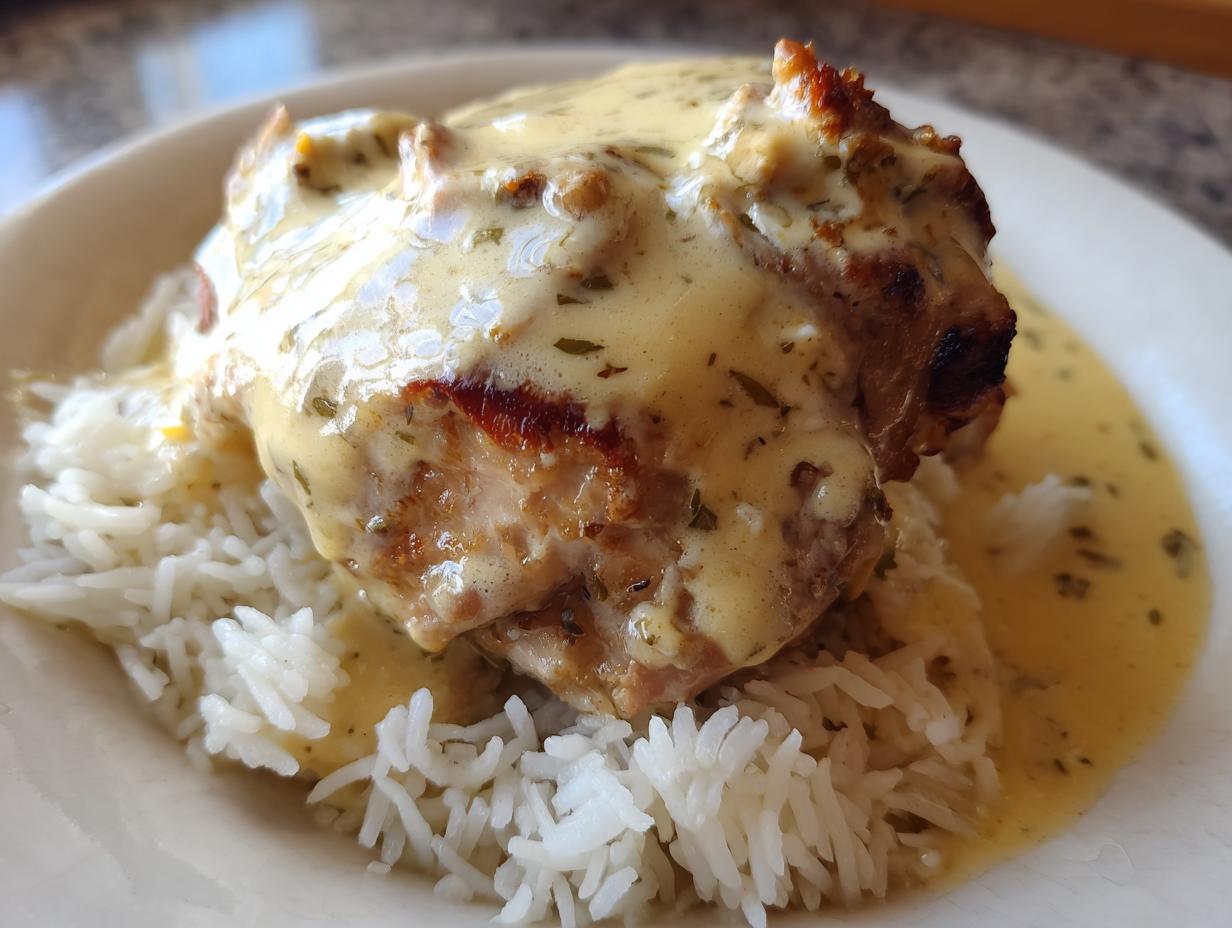 A close-up of a piece of seared chicken smothered in creamy sauce served over white rice for a quick chicken dinner.