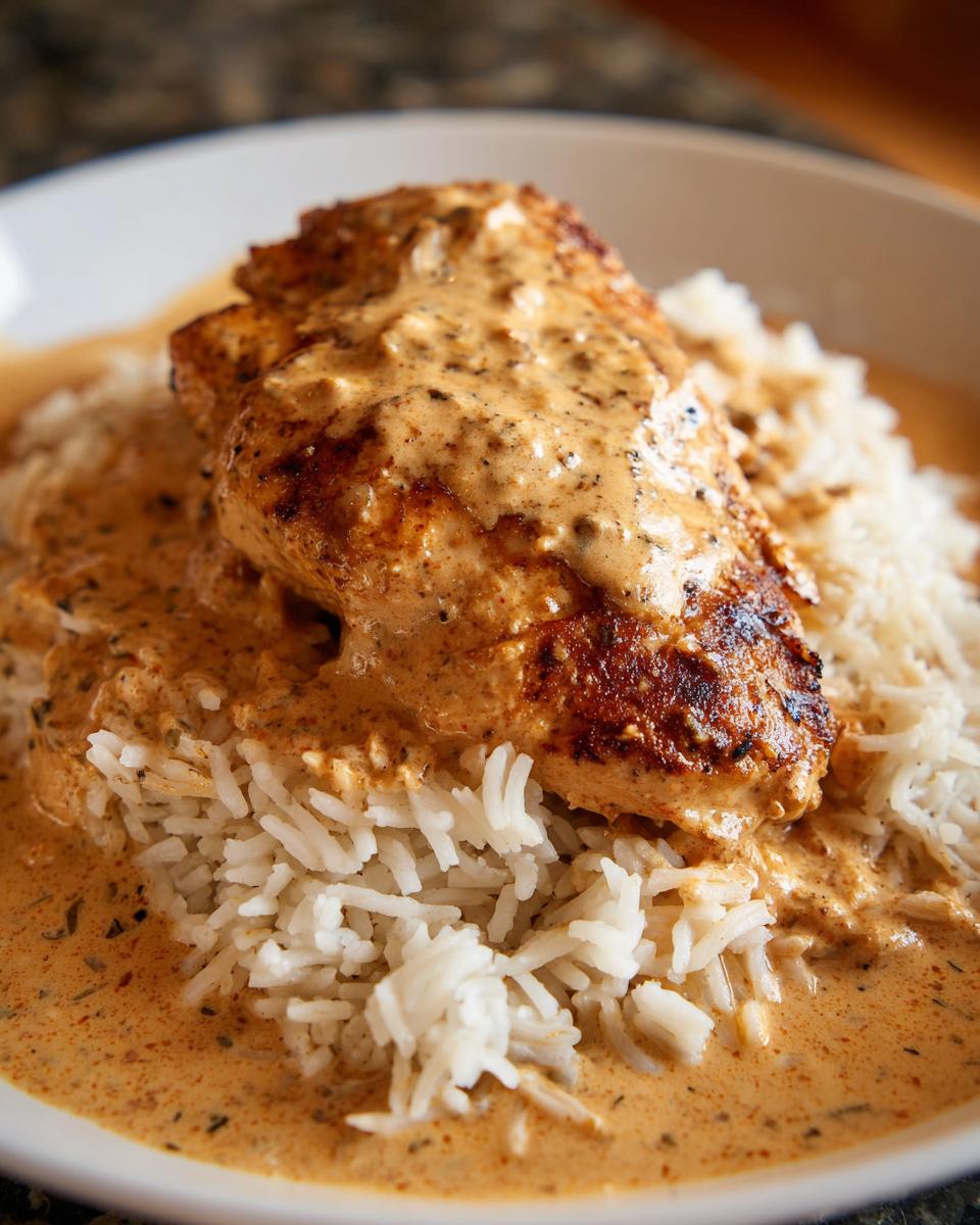 Close-up of a perfectly cooked, smothered chicken breast over white rice, covered in a rich, creamy sauce.