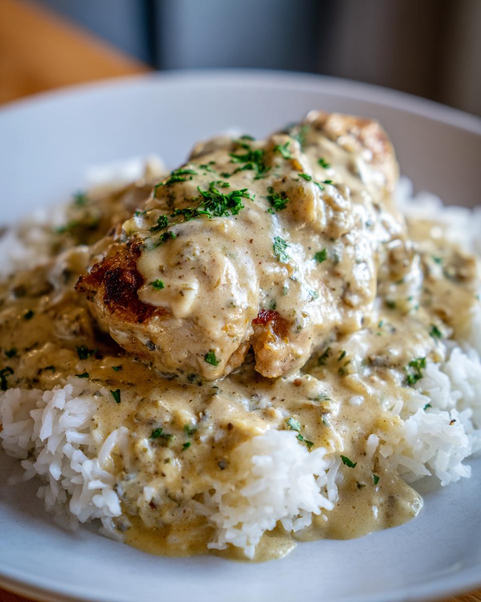 A close-up of a perfectly seared chicken breast smothered in creamy sauce served over white rice.