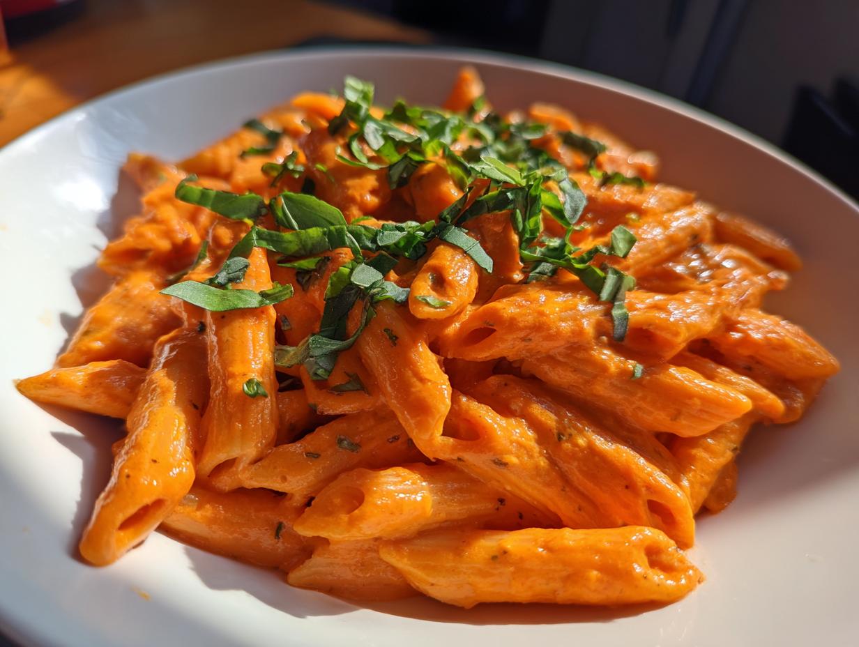 Close-up of a bowl filled with vibrant Creamy Tomato Basil Pasta, garnished generously with fresh basil.