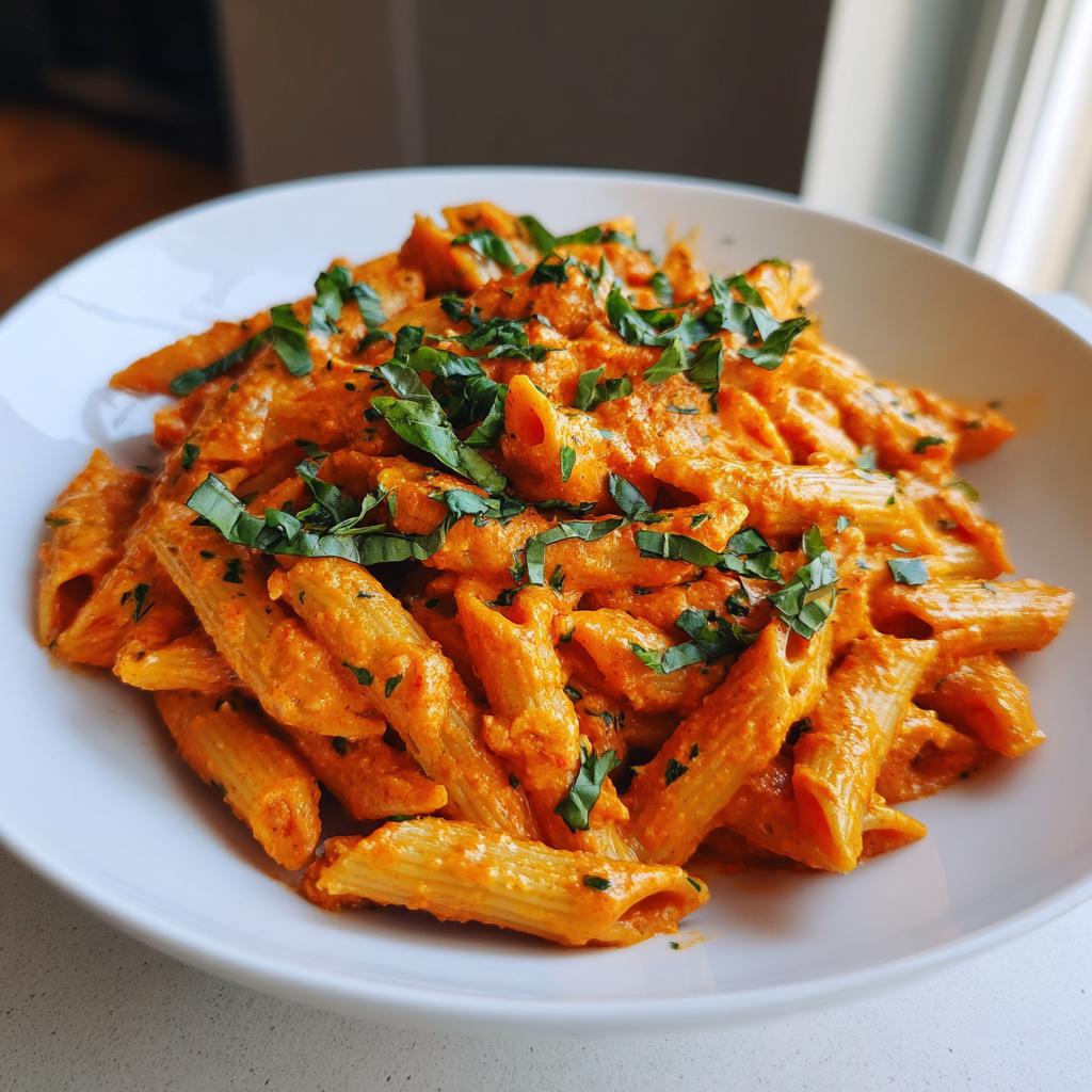 Close-up of penne pasta coated in rich, orange Creamy Tomato Basil Pasta sauce, topped with fresh basil.