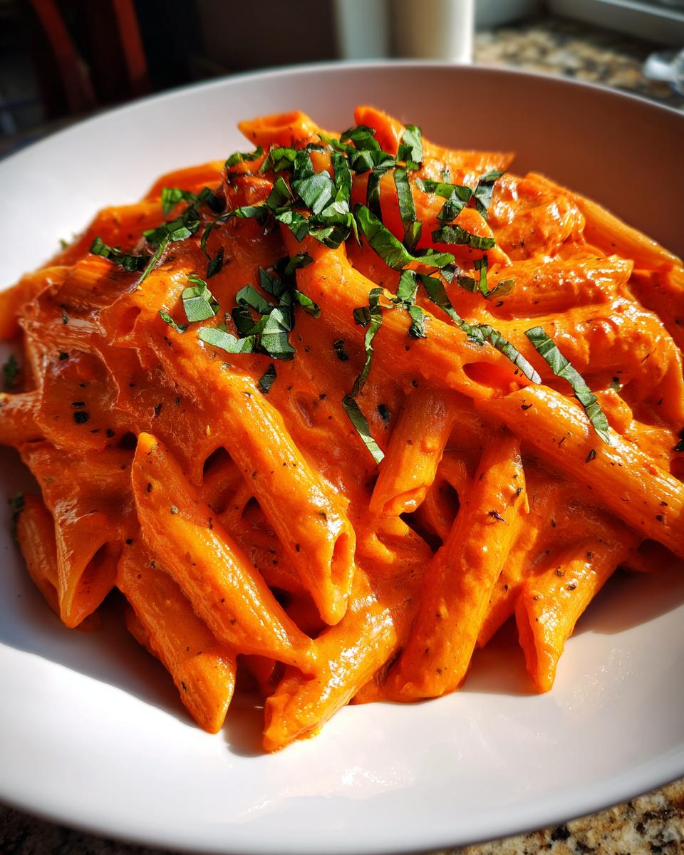 A close-up of penne pasta coated in rich, creamy tomato sauce, garnished with fresh basil for Creamy Tomato Basil Pasta.