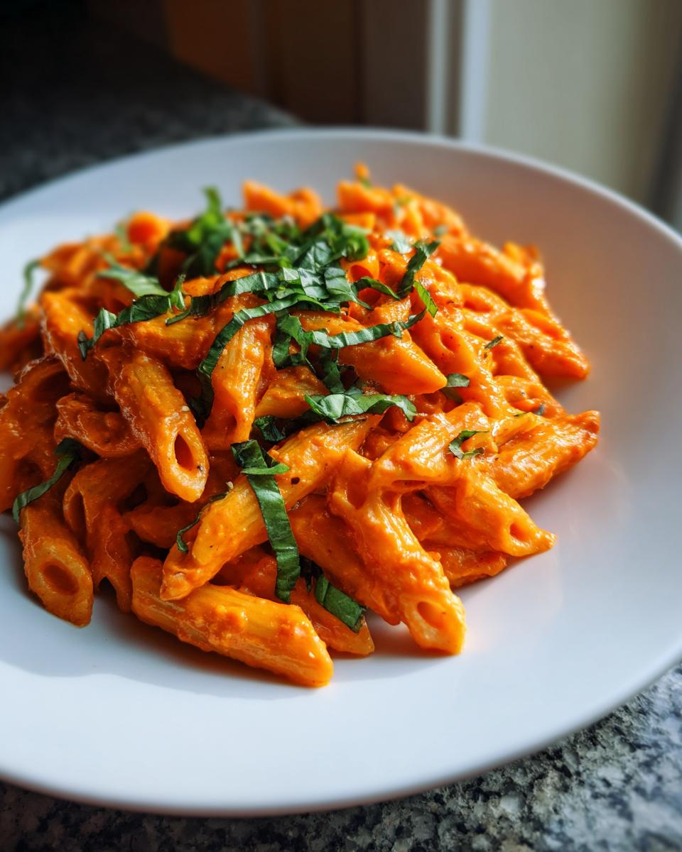 A close-up of penne pasta coated in a rich, orange-hued Creamy Tomato Basil Pasta sauce, topped with fresh chiffonade basil.