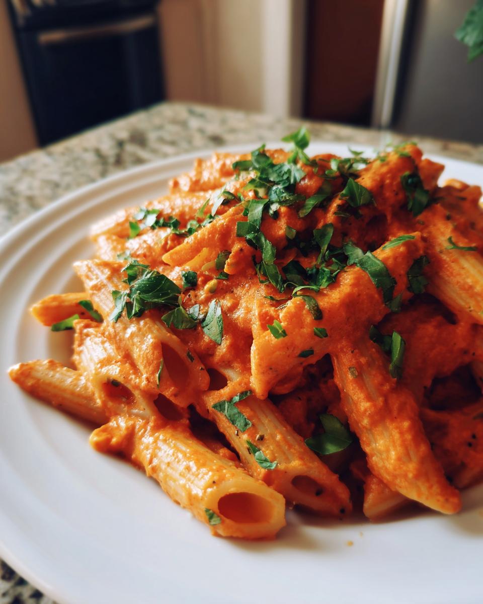 Close-up of penne pasta coated in a rich, creamy tomato sauce, garnished with fresh chopped basil.