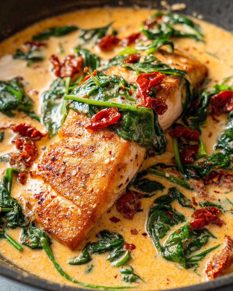 Close-up of pan-seared Creamy Tuscan Salmon topped with spinach and sun-dried tomatoes in a rich cream sauce.