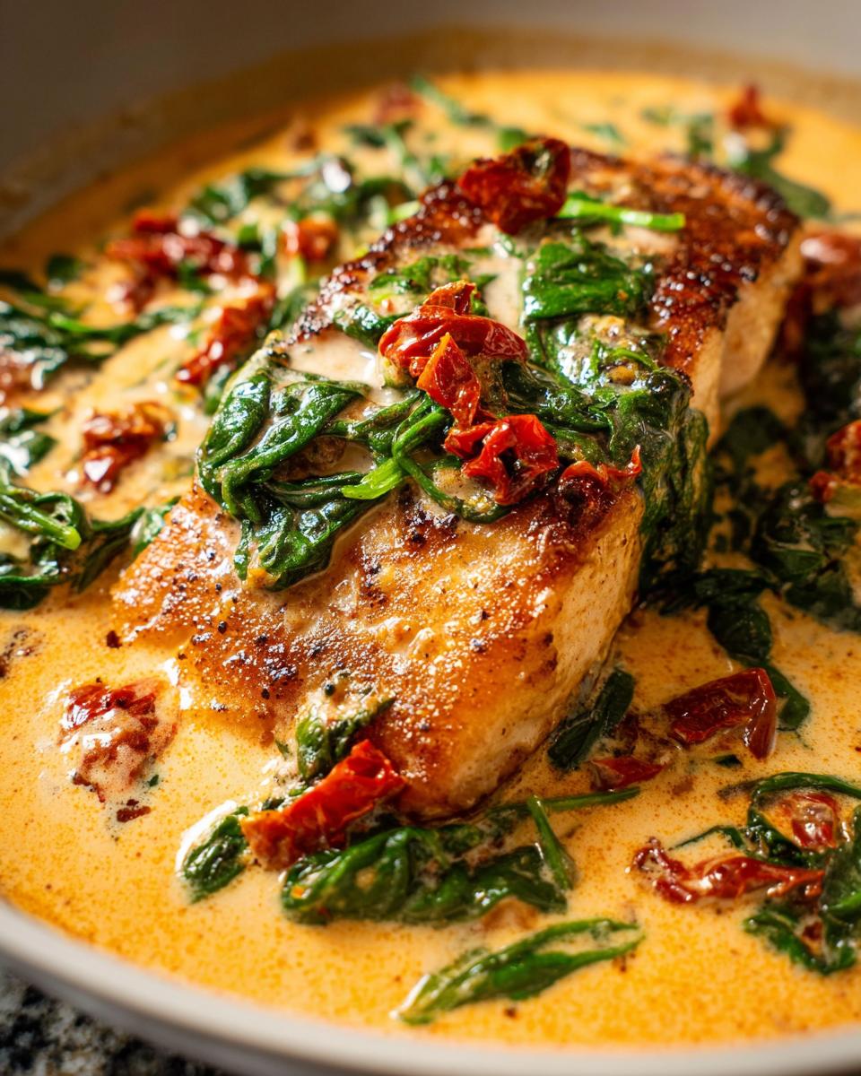 Close-up of a seared salmon fillet topped with spinach and sun-dried tomatoes in a rich Creamy Tuscan Salmon sauce.