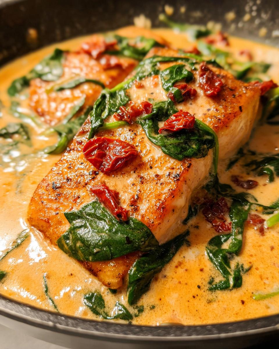 Close-up of a seared salmon fillet topped with spinach and sun-dried tomatoes in a rich Creamy Tuscan Salmon sauce.