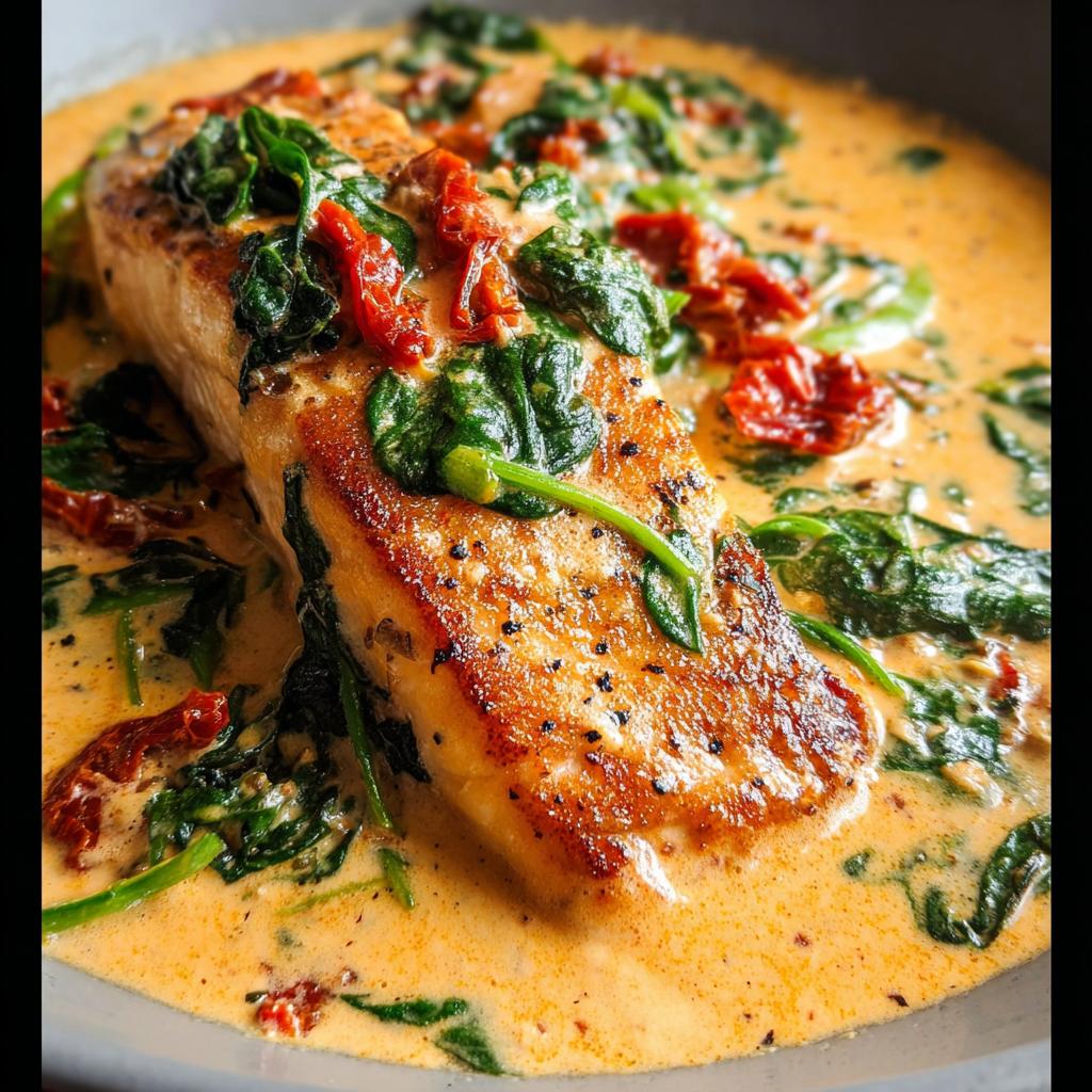 Close-up of a seared salmon fillet served in a rich, creamy sauce with spinach and sun-dried tomatoes, highlighting the Creamy Tuscan Salmon dish.