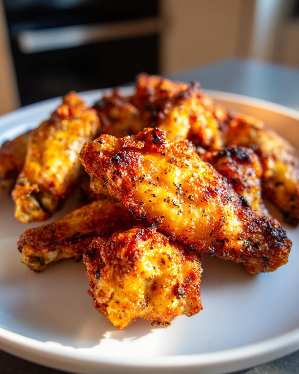 Close-up of several golden brown, seasoned Crispy Air Fryer Chicken Wings piled on a white plate.