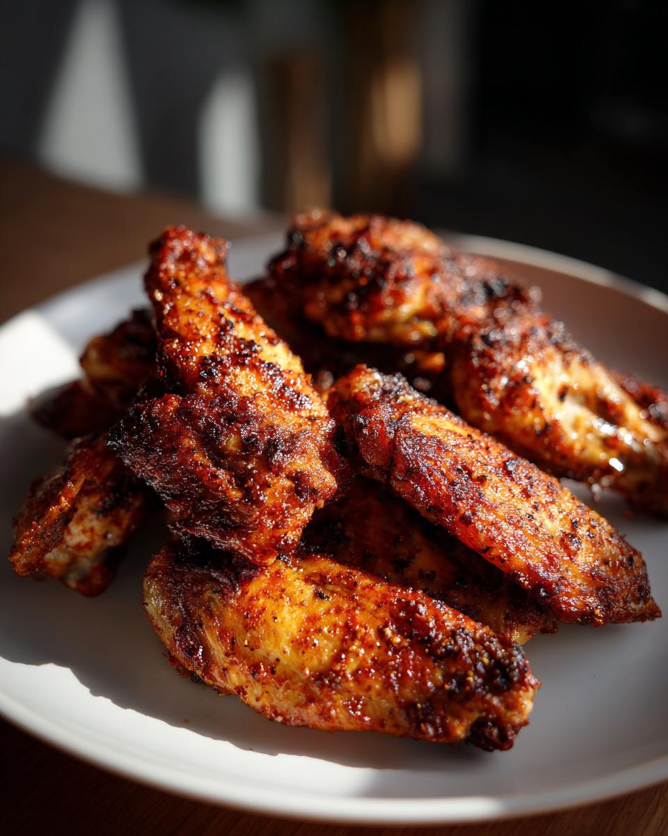 A pile of perfectly seasoned and crispy air fryer chicken wings resting on a white plate.