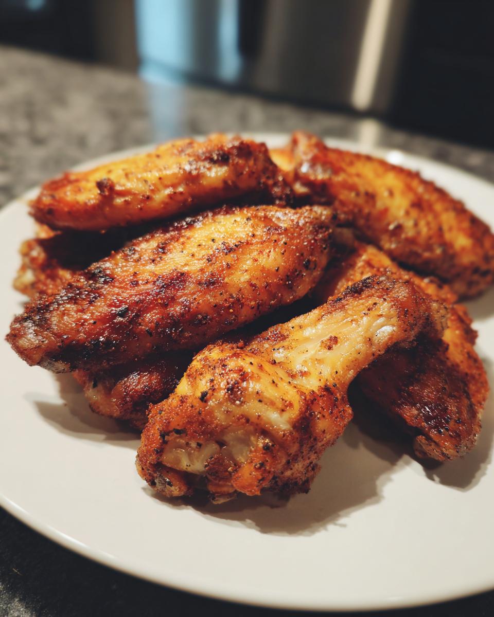 A close-up of several perfectly seasoned and crispy air fryer chicken wings piled on a white plate.