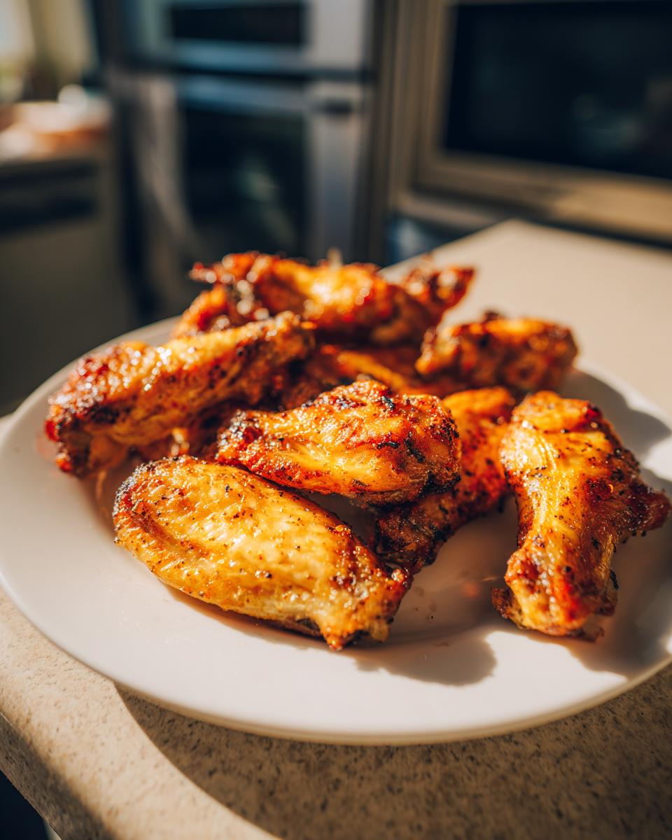 A plate piled high with golden brown, crispy air fryer chicken wings, glistening in the sunlight.