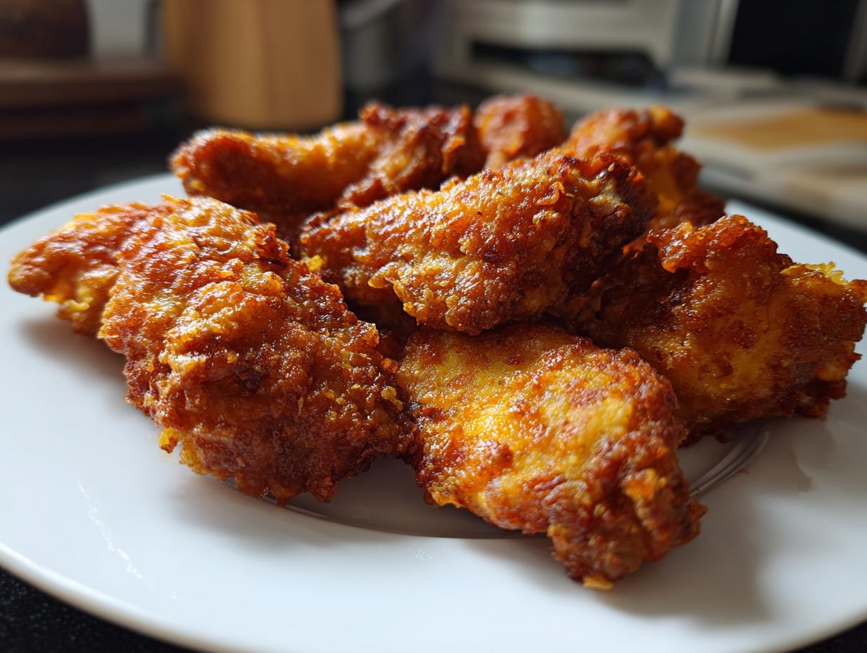 Close-up of several golden brown, crispy air fryer chicken wings piled on a white plate.