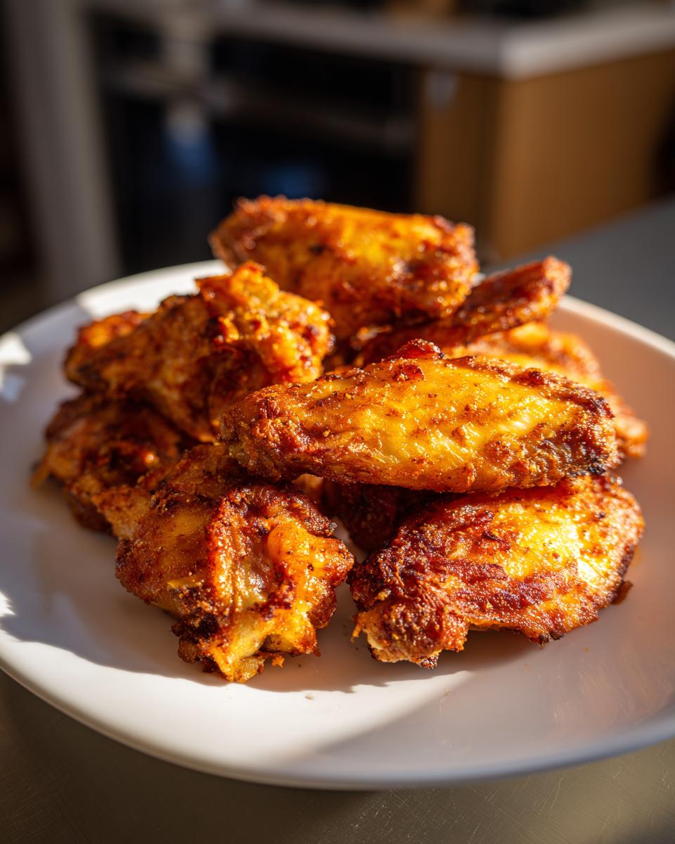 A close-up of a pile of golden brown, seasoned Crispy Air Fryer Chicken Wings stacked high on a white plate.