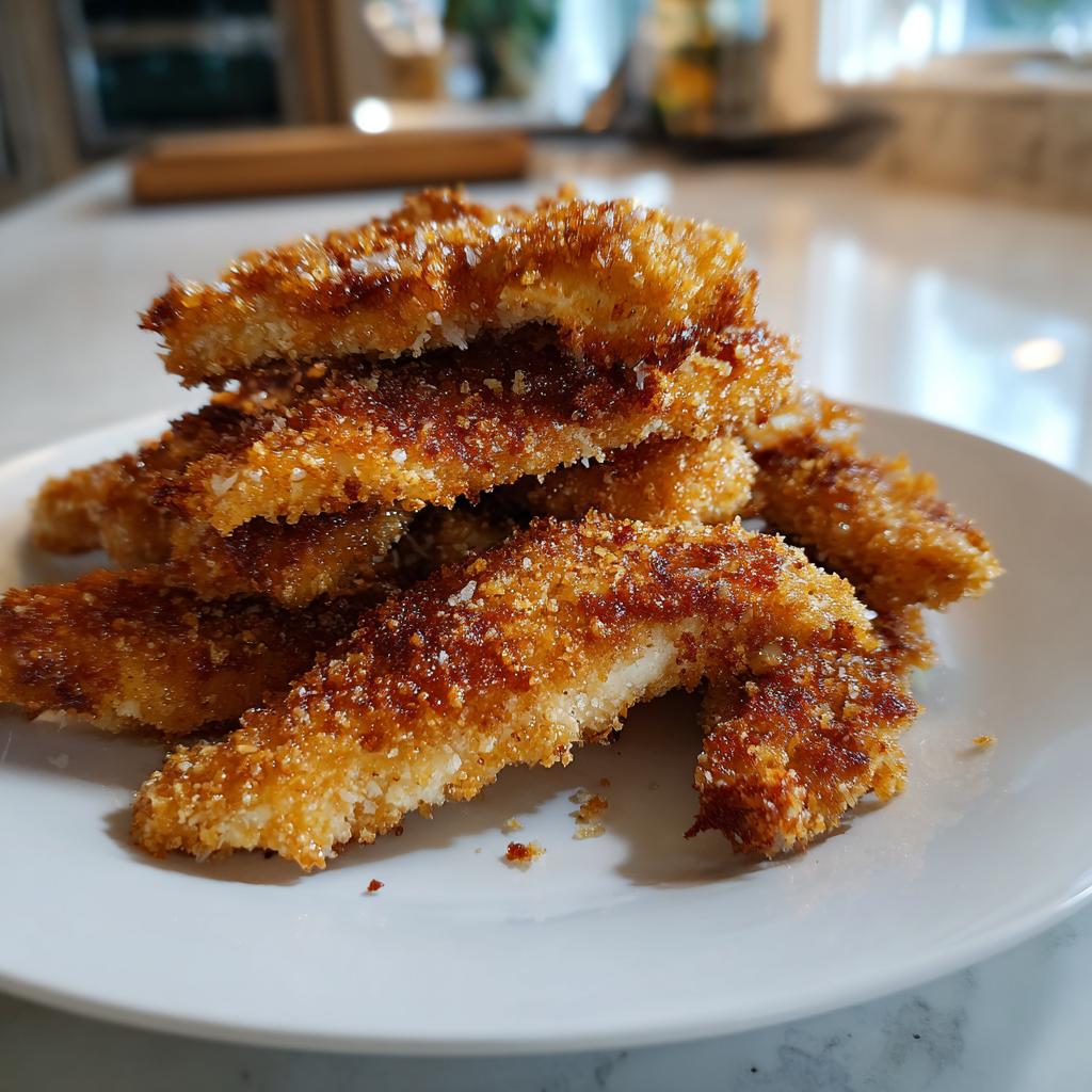 A stack of golden brown, crispy baked chicken tenders sprinkled with coarse salt on a white plate.