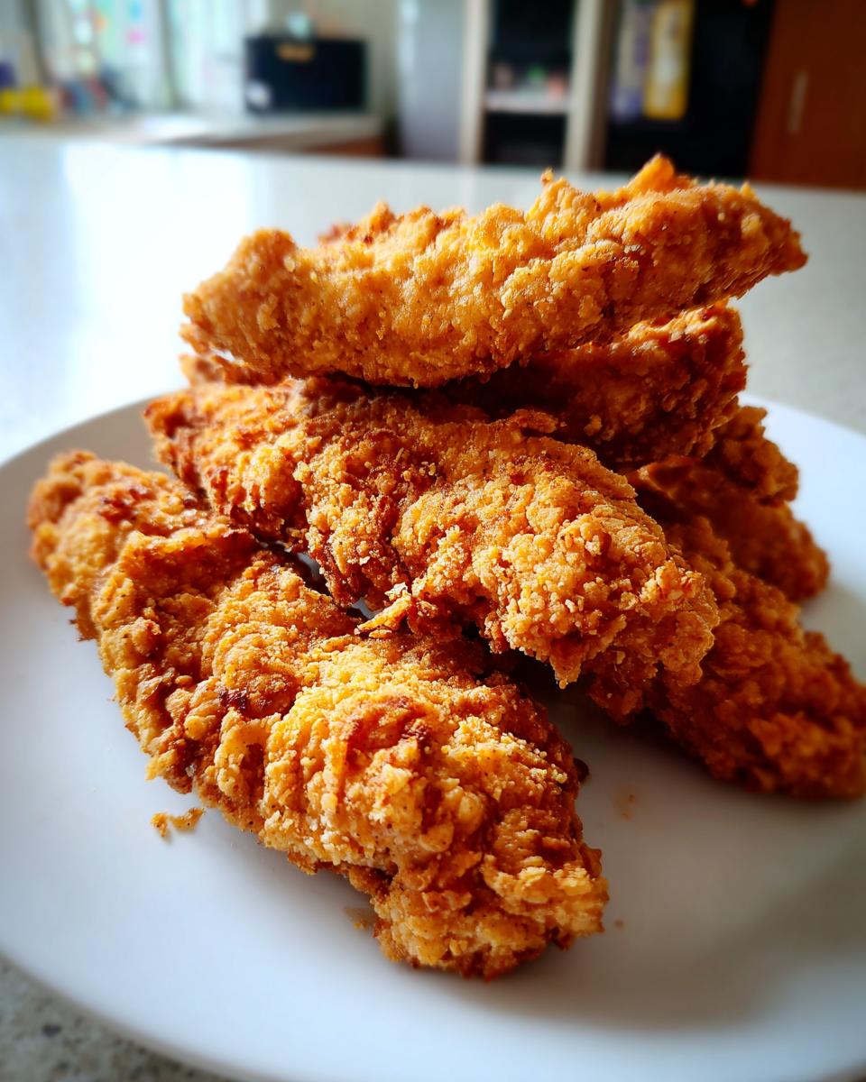 A close-up stack of golden brown, extra crispy baked chicken tenders resting on a white plate.
