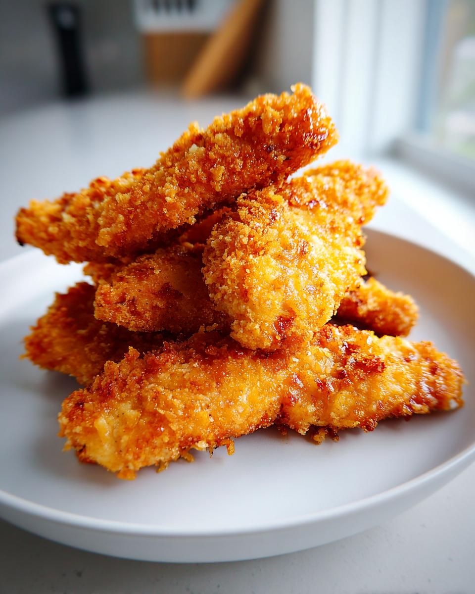 A stack of golden brown, crispy baked chicken tenders piled on a light gray plate.