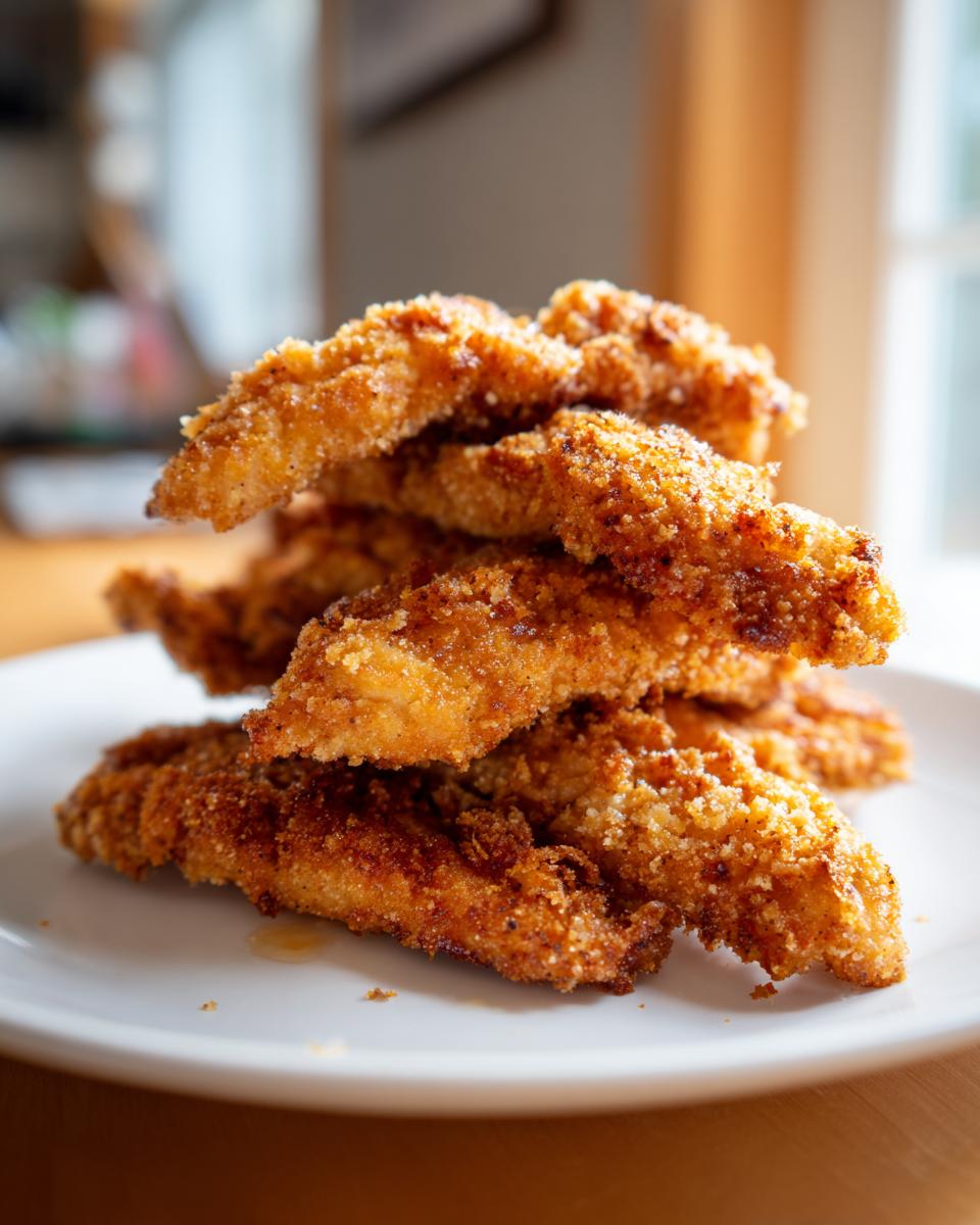 A close-up stack of golden brown Crispy Baked Chicken Tenders piled high on a white plate.