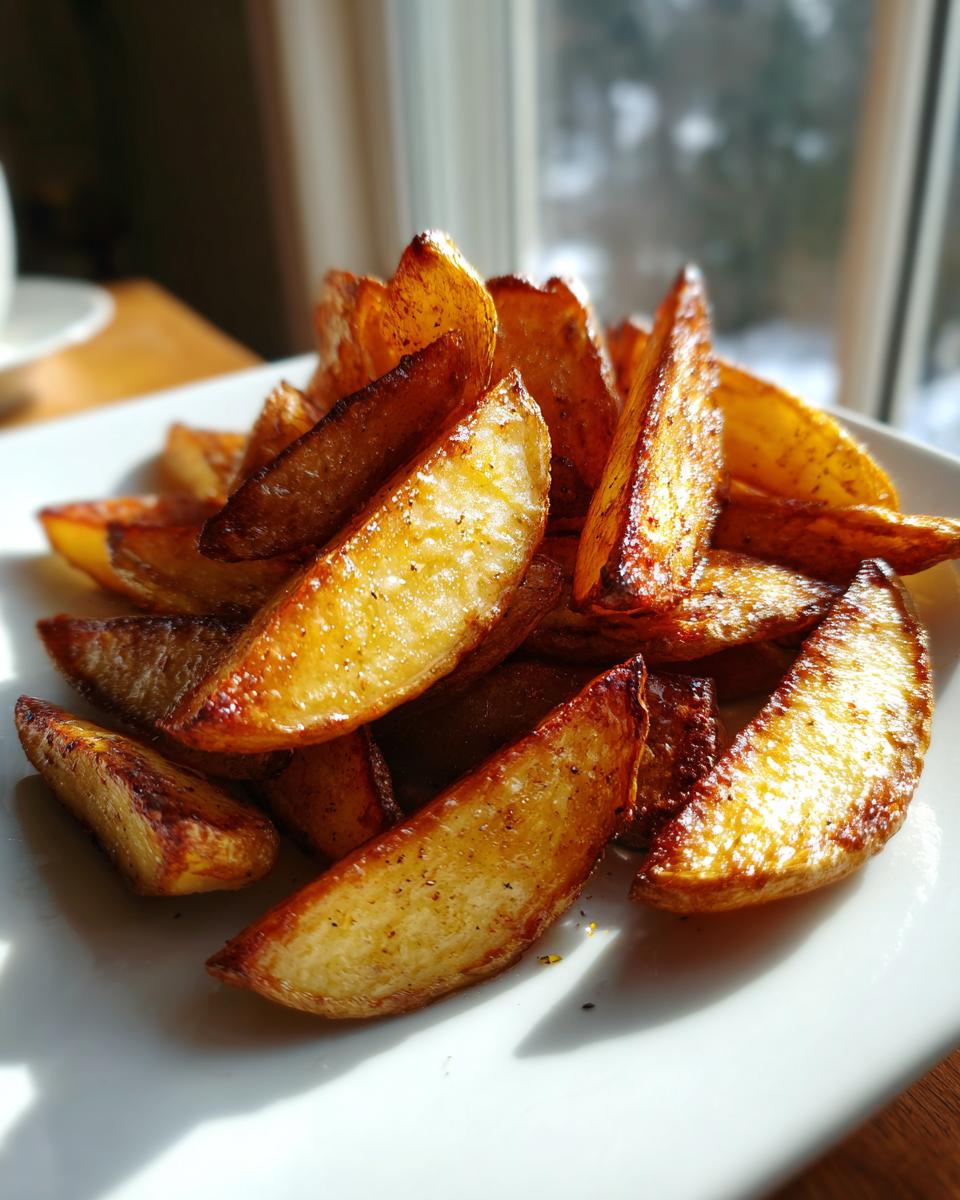 A close-up of golden brown, seasoned Crispy Baked Potato Wedges piled high on a white plate, backlit by a window.