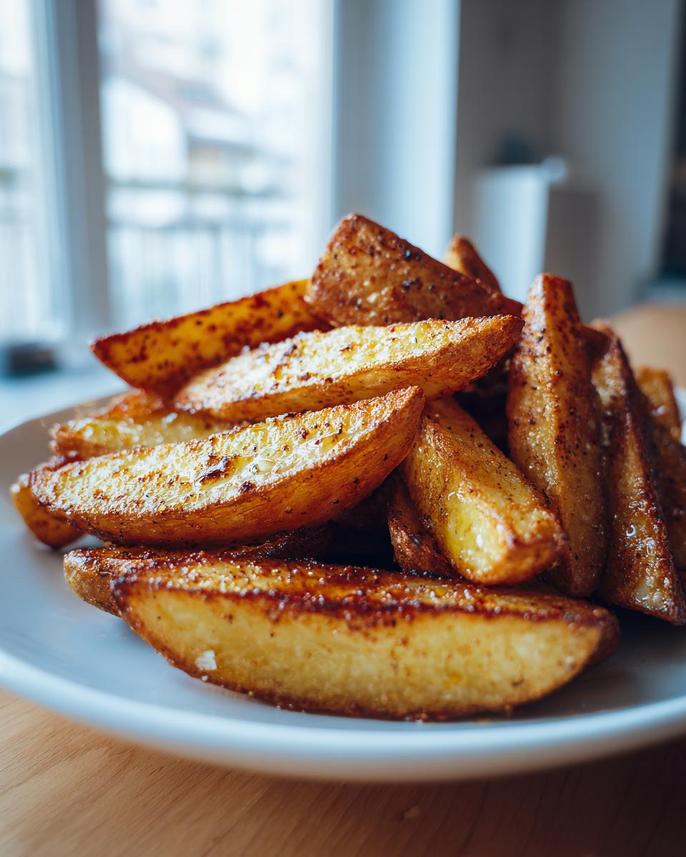 A close-up of a pile of golden brown, seasoned Crispy Baked Potato Wedges served on a white plate.