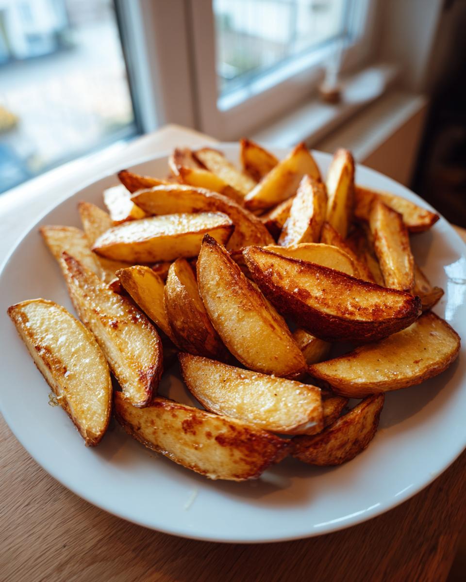 A plate piled high with golden brown, perfectly seasoned Crispy Baked Potato Wedges, ready to eat.