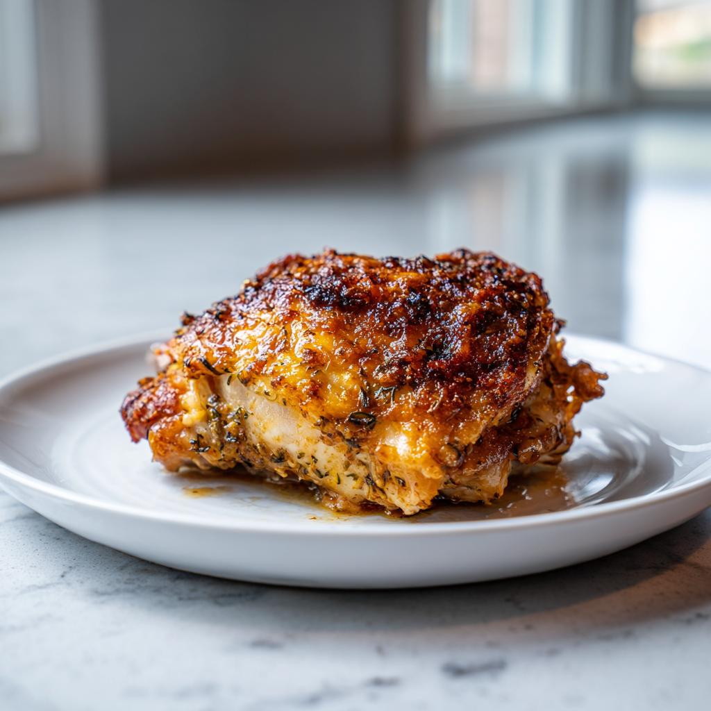 A single, perfectly roasted crispy baked chicken thigh seasoned with herb butter, served on a white plate.