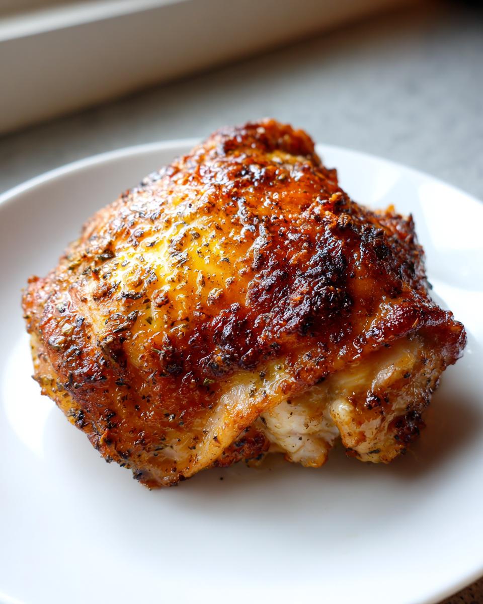 Close-up of a crispy baked chicken thigh seasoned with herb butter, showcasing golden-brown skin.