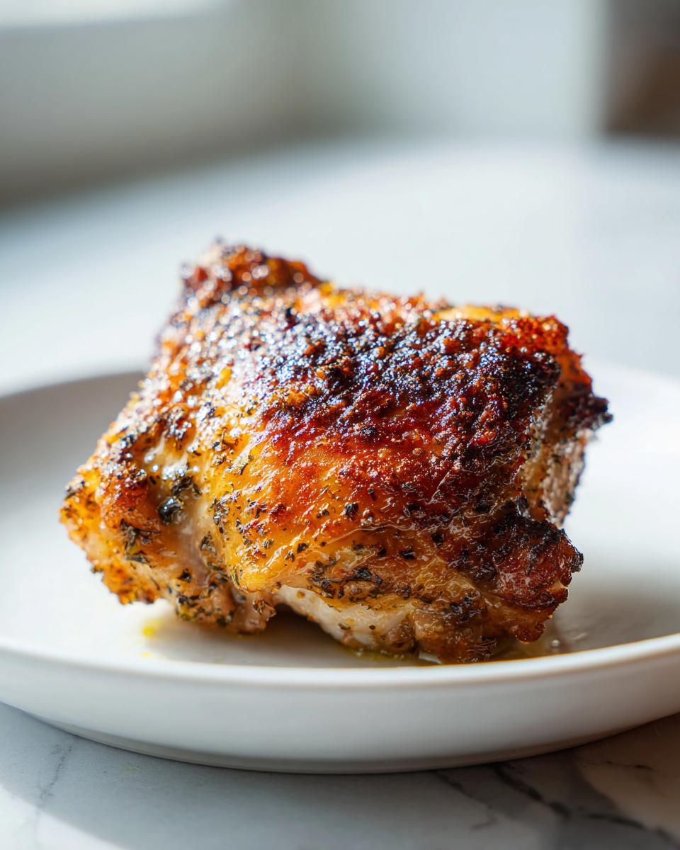 A single, perfectly crispy baked chicken thigh seasoned with herbs, resting on a white plate.