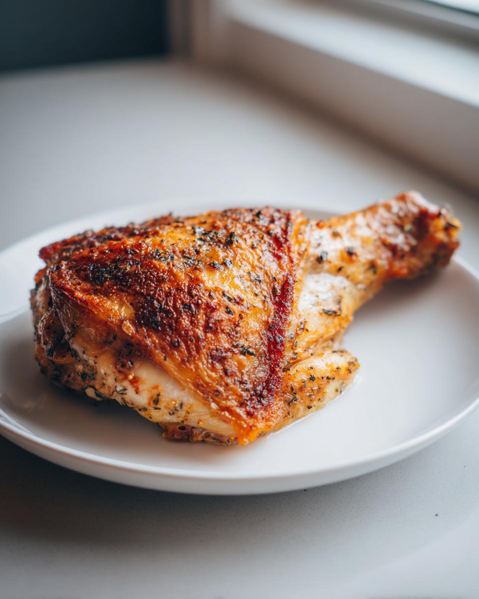 A close-up of a perfectly crispy baked chicken thigh seasoned with herbs, ready to eat.