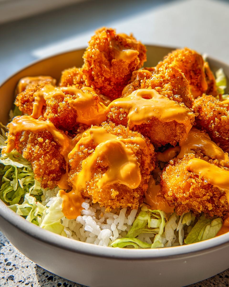 Close-up of Crispy Bang Bang Chicken Bowls featuring fried chicken pieces drizzled with orange sauce over rice and lettuce.