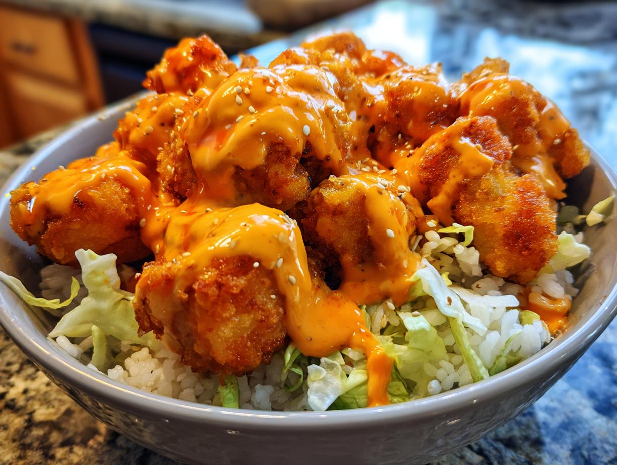 A close-up of a bowl filled with Crispy Bang Bang Chicken Bowls, featuring crispy chicken drizzled with orange sauce and sesame seeds over rice and lettuce.