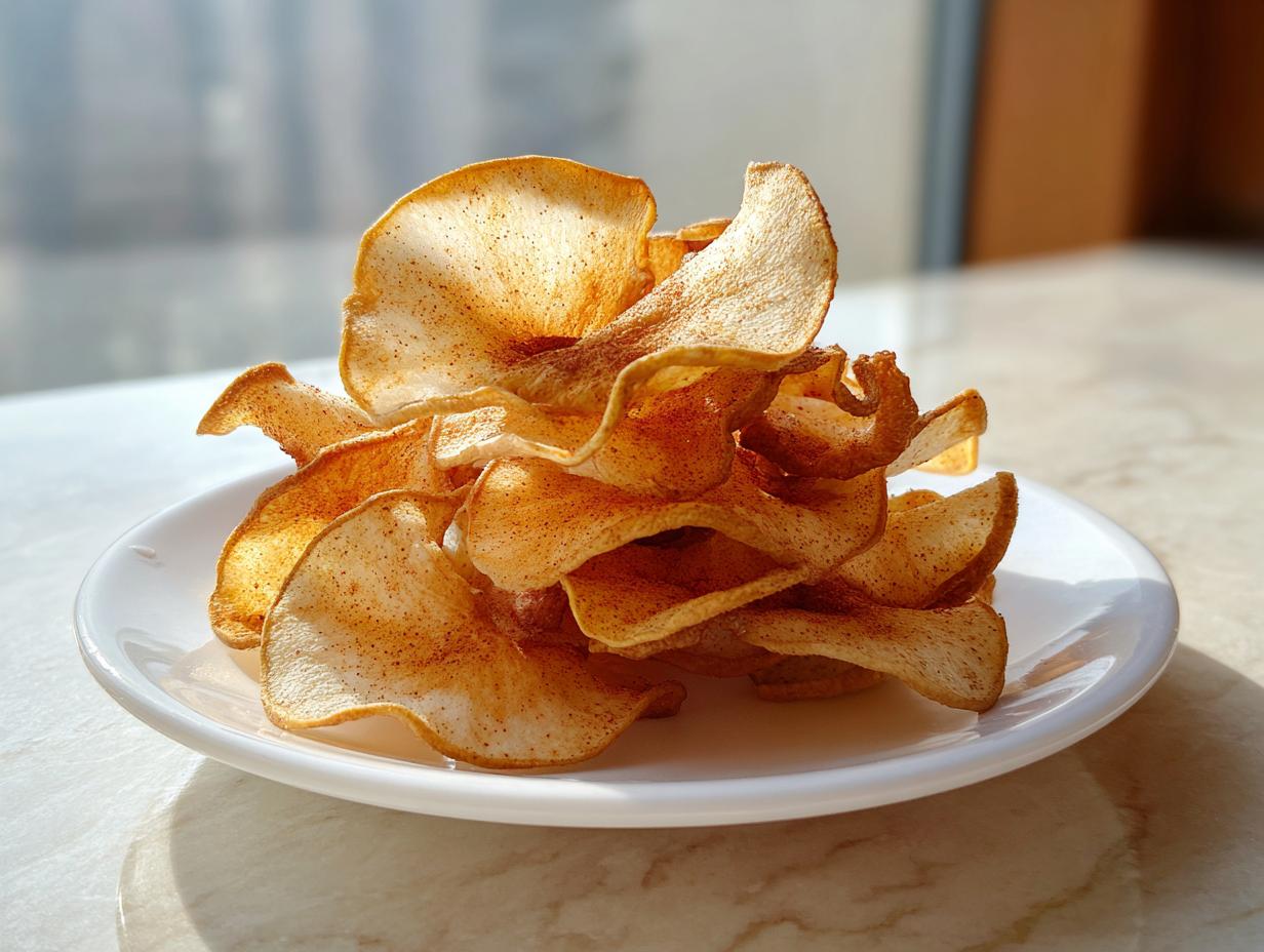 A pile of thin, seasoned, crispy chips, perfect as one of the Low-Calorie Snacks for January, served on a white plate.