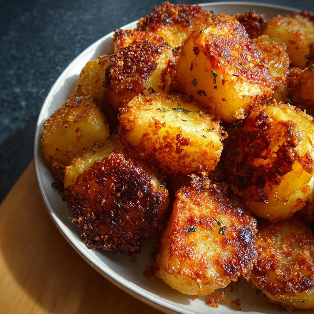 A close-up of golden brown, intensely crispy roasted potatoes piled high in a white bowl.