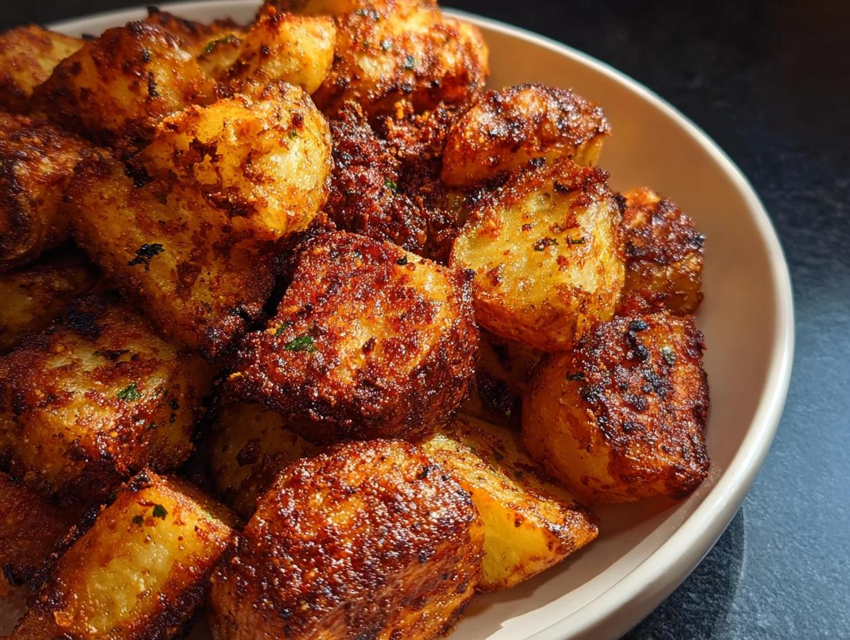 Close-up of deeply golden and crispy roasted potatoes piled high in a light-colored bowl.