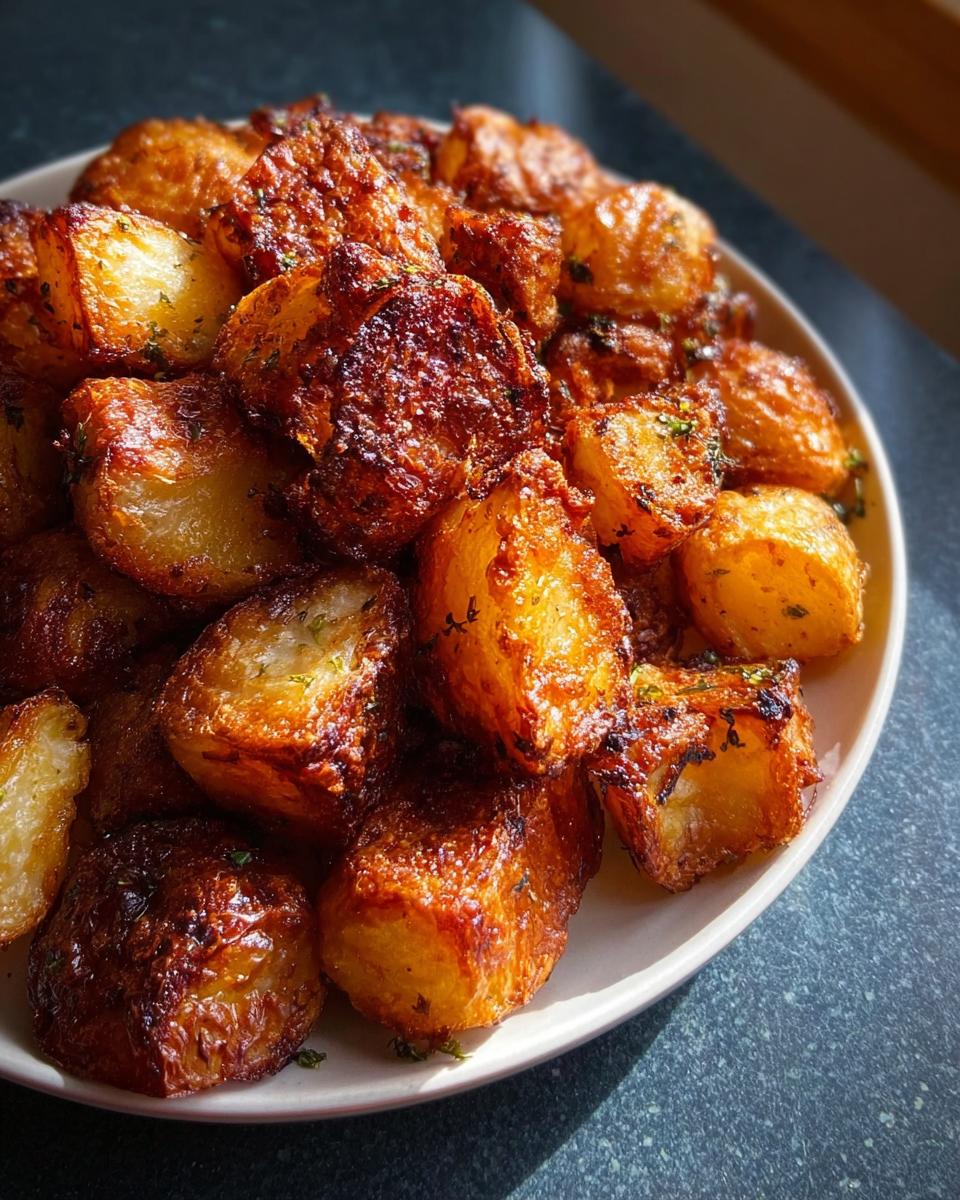 A close-up of a plate piled high with golden brown, deeply caramelized Crispy Roasted Potatoes.