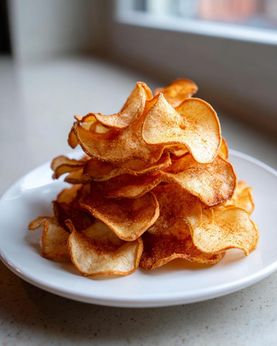 A mound of crispy, seasoned baked chips served on a white plate, perfect as one of our Low-Calorie Snacks for January.