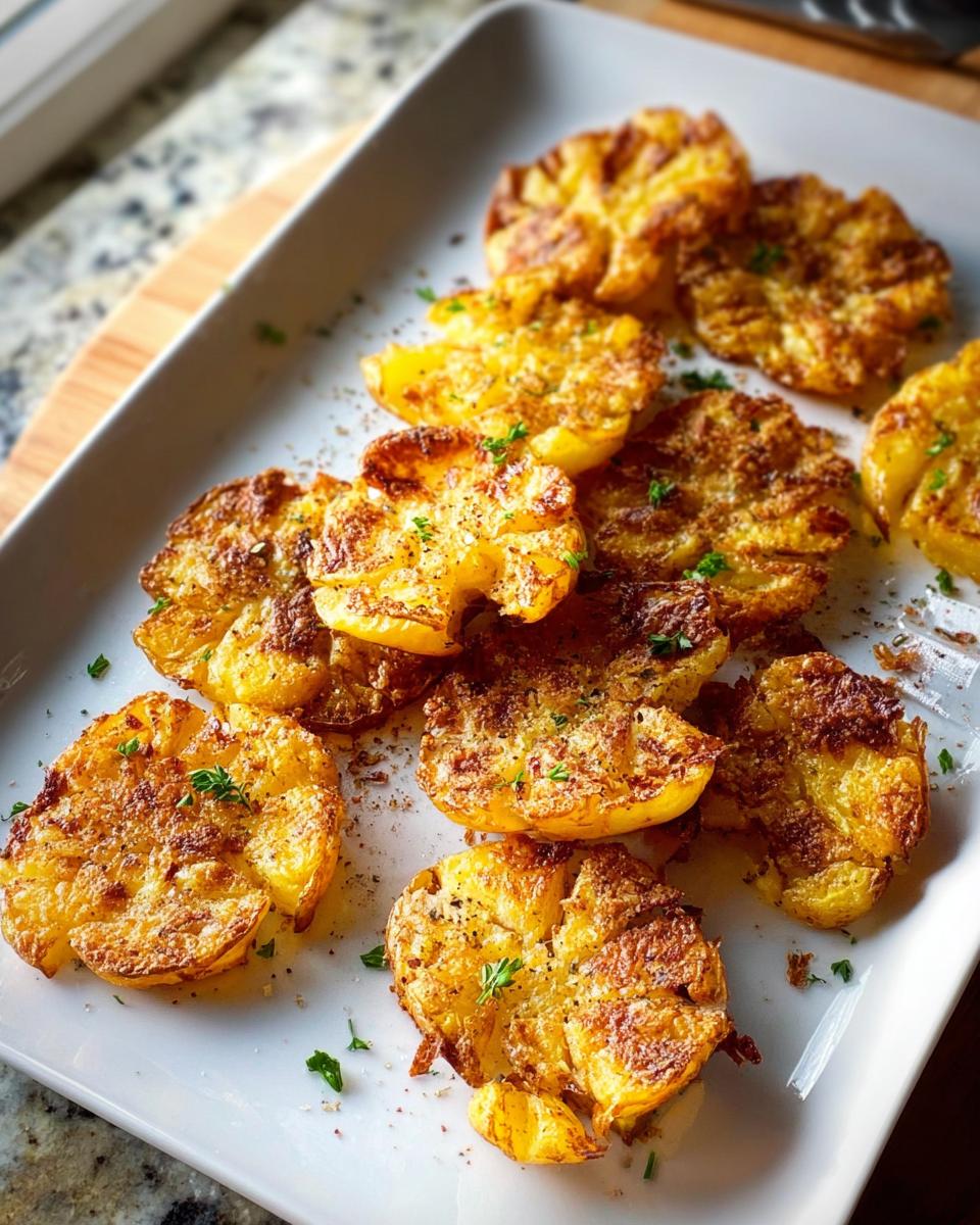 Close-up of golden brown, perfectly cooked Crispy Smash Potatoes seasoned with pepper and parsley on a white platter.