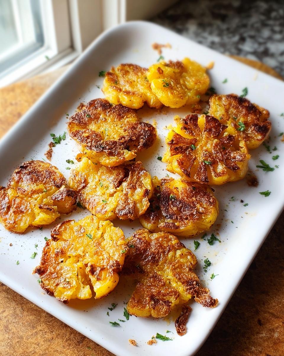 Close-up of golden brown, crispy smash potatoes seasoned with herbs on a white rectangular serving dish.