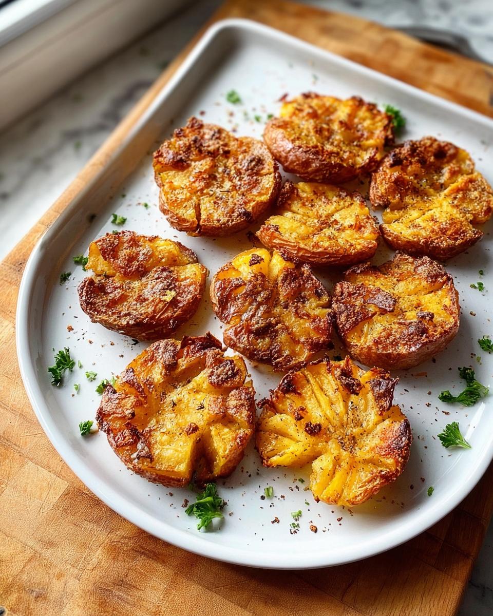 Eight golden brown, perfectly Crispy Smash Potatoes seasoned and garnished with parsley on a white rectangular serving dish.