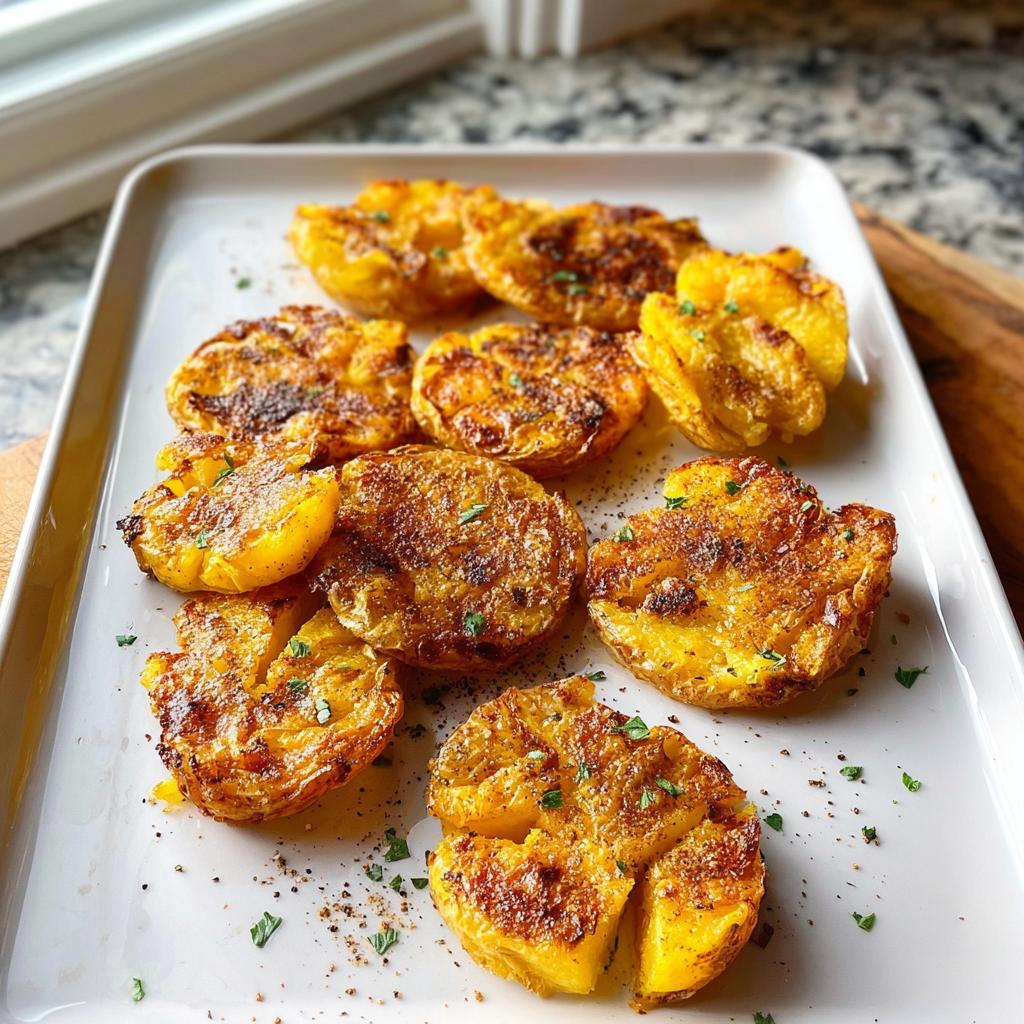 A serving of golden brown, perfectly seasoned Crispy Smash Potatoes arranged on a rectangular white platter.