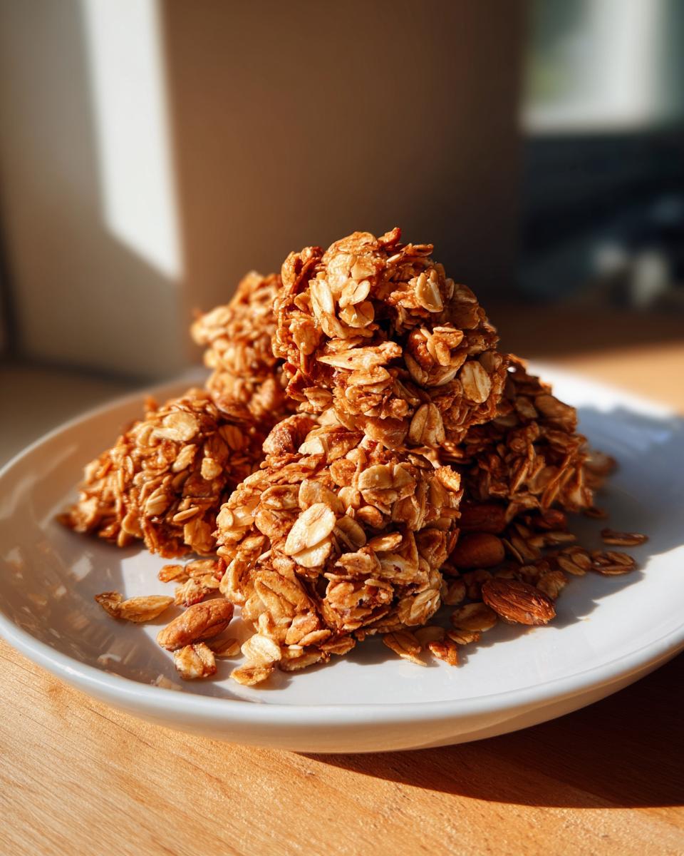 Golden brown Crunchy Homemade Granola clusters piled on a white plate, featuring visible oats and almonds.