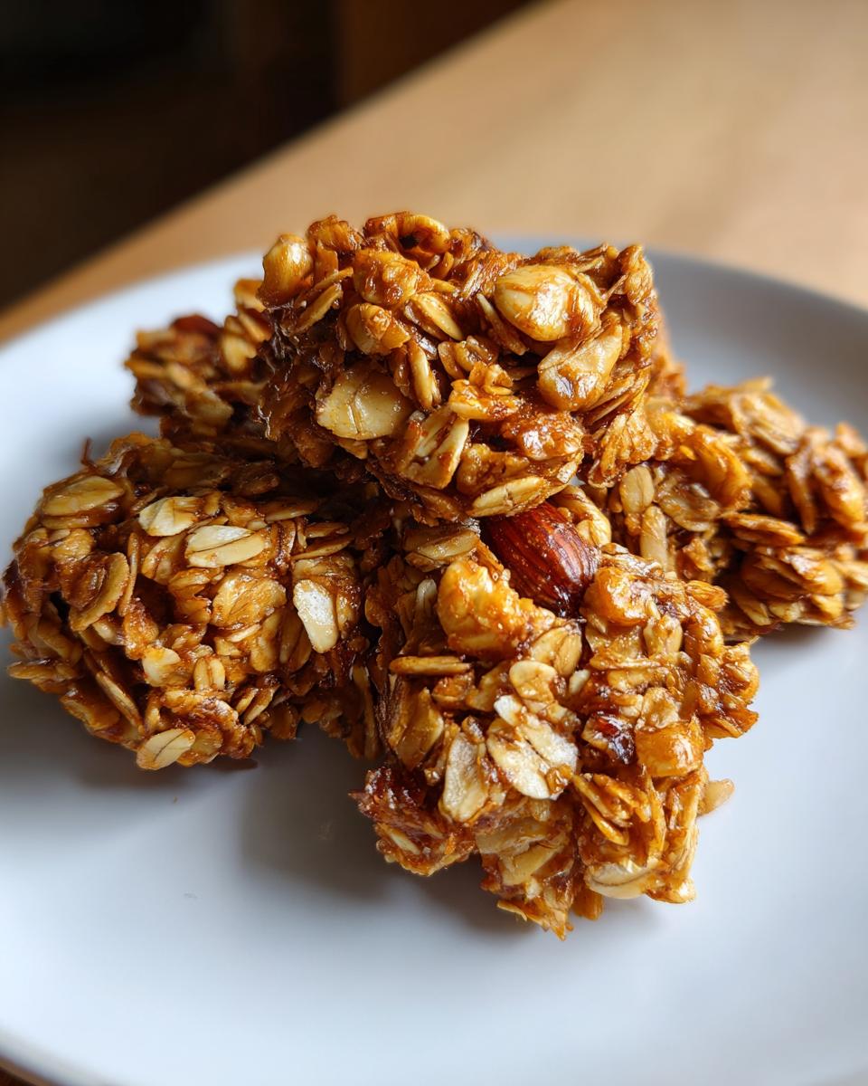 Close-up of sticky, golden Crunchy Homemade Granola clusters made with oats and almonds on a white plate.