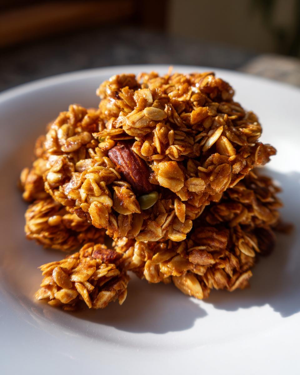 Close-up of golden brown, sticky clusters of Crunchy Homemade Granola featuring oats and nuts, stacked on a white plate.