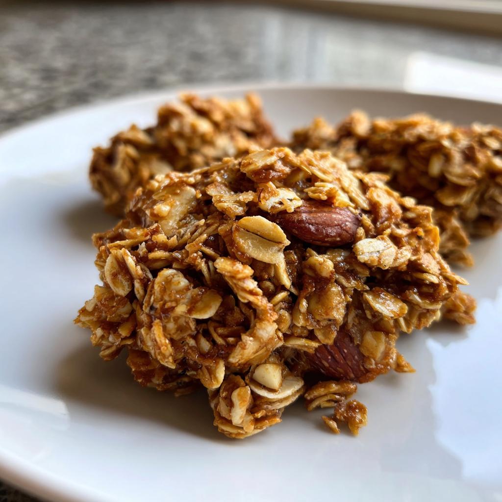 Three clusters of golden brown Crunchy Homemade Granola made with oats and whole almonds on a white plate.
