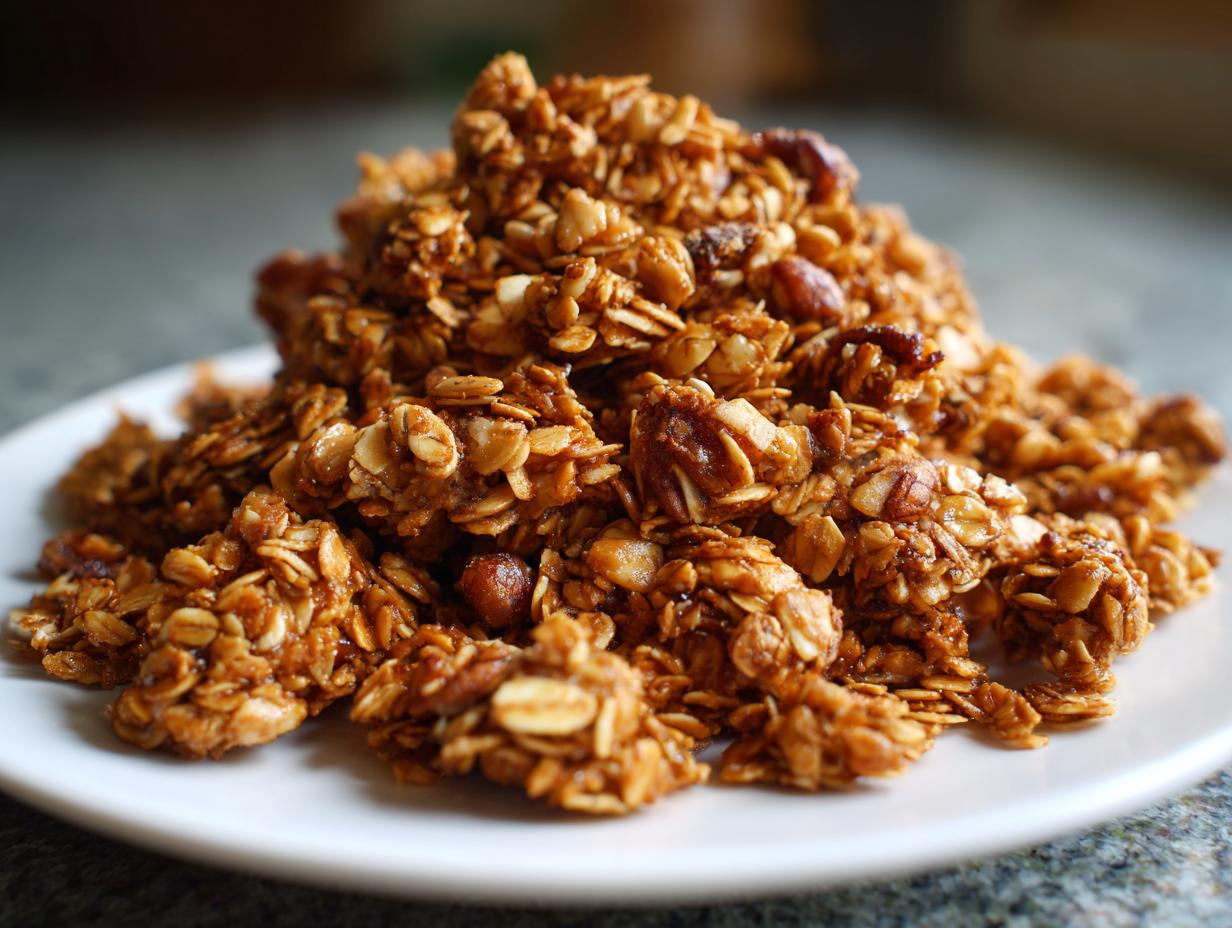 A mound of golden, clustered Crunchy Homemade Granola featuring oats and nuts on a white plate.