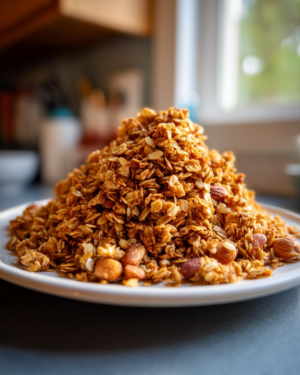 A large mound of golden brown Crunchy Homemade Granola mixed with whole almonds and hazelnuts on a white plate.