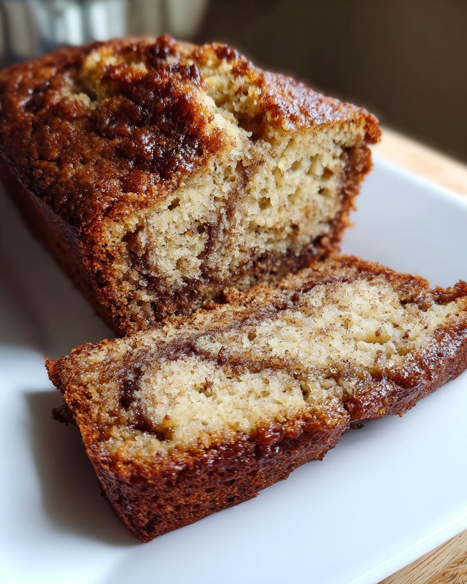 Close-up of Dorm-Friendly banana bread sliced, showing a rich cinnamon swirl throughout the moist loaf.